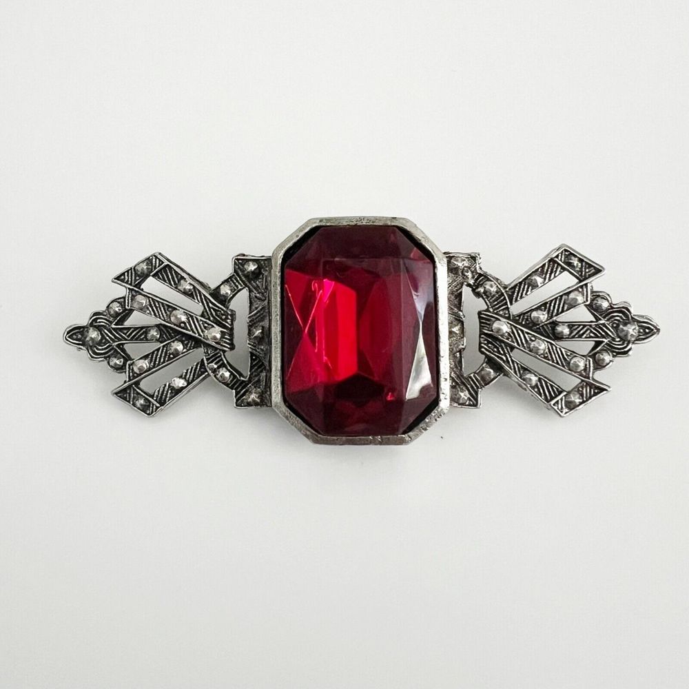 Vintage Bow Brooch Pin Art Deco Style Red Rhinestone Silver Tone Gunmetal